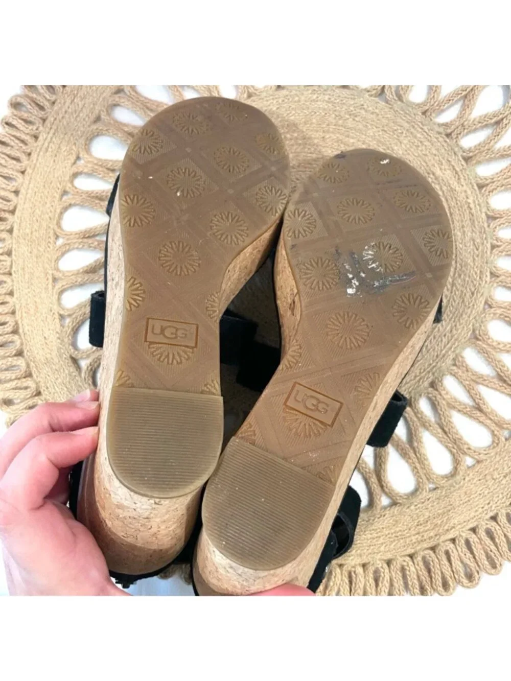 UGG Whitney Wedge Black Suede Sandals Size 8 Boho Chic Coastal